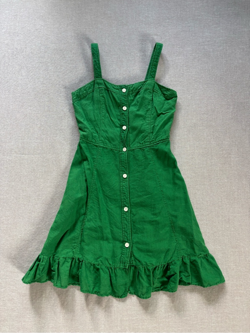 Zara Emerald Green Linen Button-Front Ruffle Mini Dress in XS - Picture 2 of 12